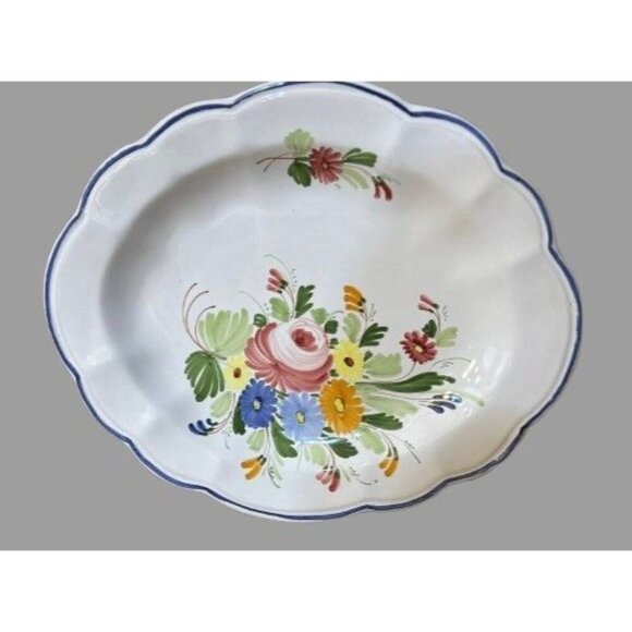 CASTELLI Italy Oval Serving Plate Faience Floral Scalloped Edge 15.5" - Picture 1 of 9